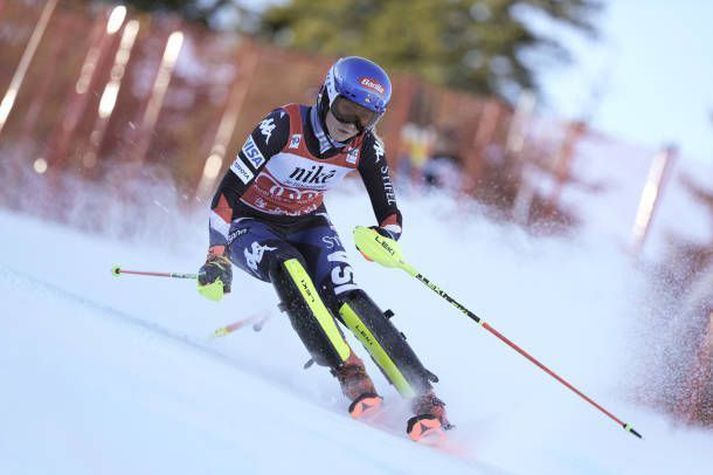 Mikaela Shiffrin um síðustu helgi þegar hún vann 95. titilinn á ferlinum. 