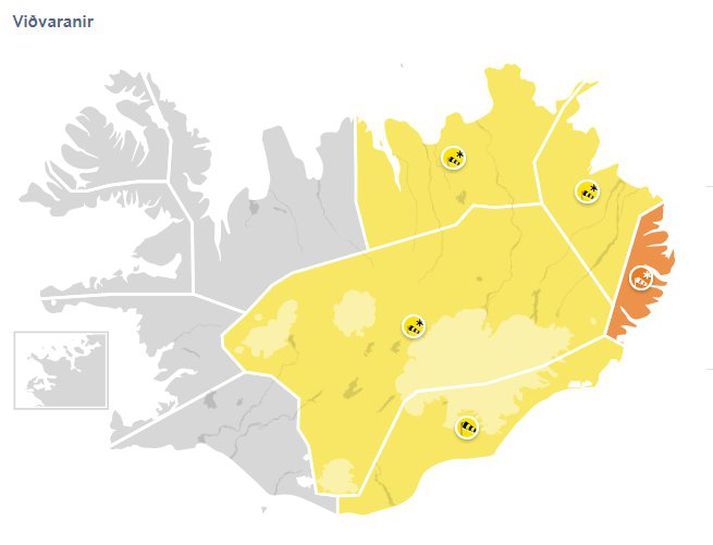 Appelsínugul viðvörun er í gildi á Austfjörðum.