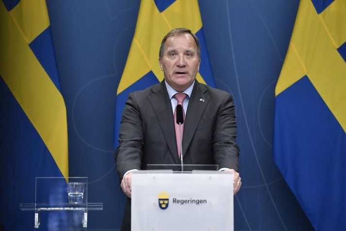 Stefan Löfven á blaðamannafundi sínum í morgun.