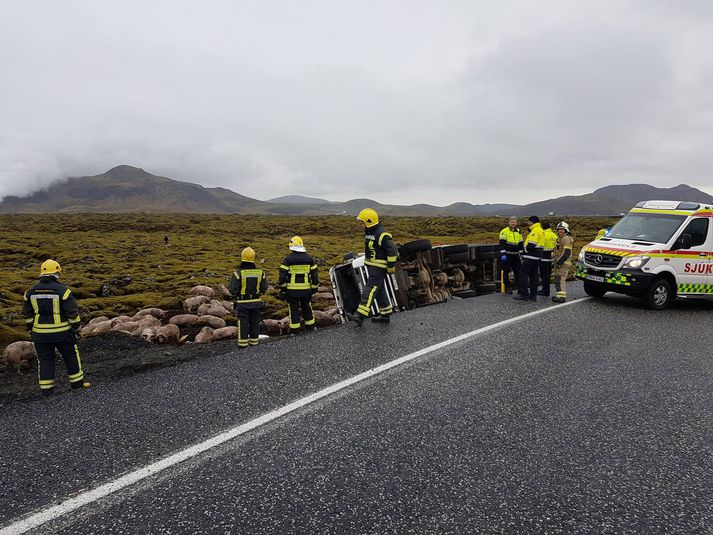 Frá vettvangi slyssins á Þorlákshafnarafleggjaranum á Hellisheiði.