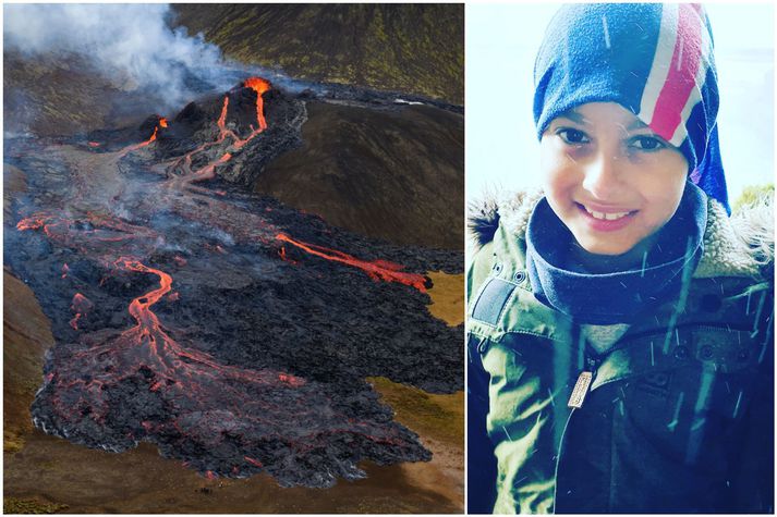 Hinn níu ára gamli Adam Mustapha Safy lagði af stað með föður sínum í gær í von um að sjá eldgosið. Leiðangur feðganna reyndist erfiðari en þeir bjuggust við í fyrstu.