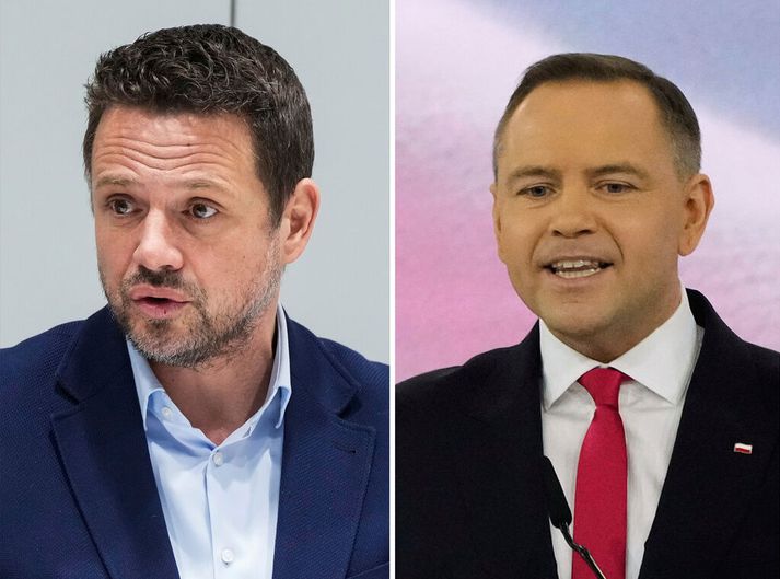 Rafal Trzaskowski, borgarstjóri Varsjár, (t.v.) og Karol Nawrocki, íhaldssamur sagnfræðingur, (t.h.) mætast að öllum líkindum í seinni umferð pólsku forsetakosninganna eftir tvær vikur.