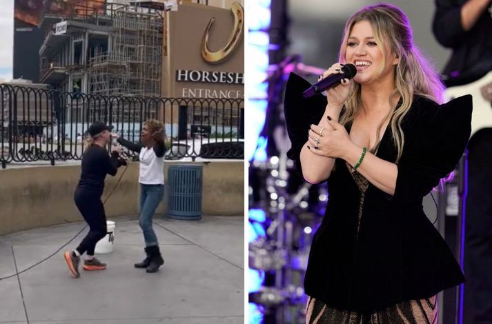 Kelly Clarkson kom götulistamanni í Las Vegas á óvart. Það tók þá síðarnefndu nokkurn tíma að átta sig á hver væri að syngja með sér.