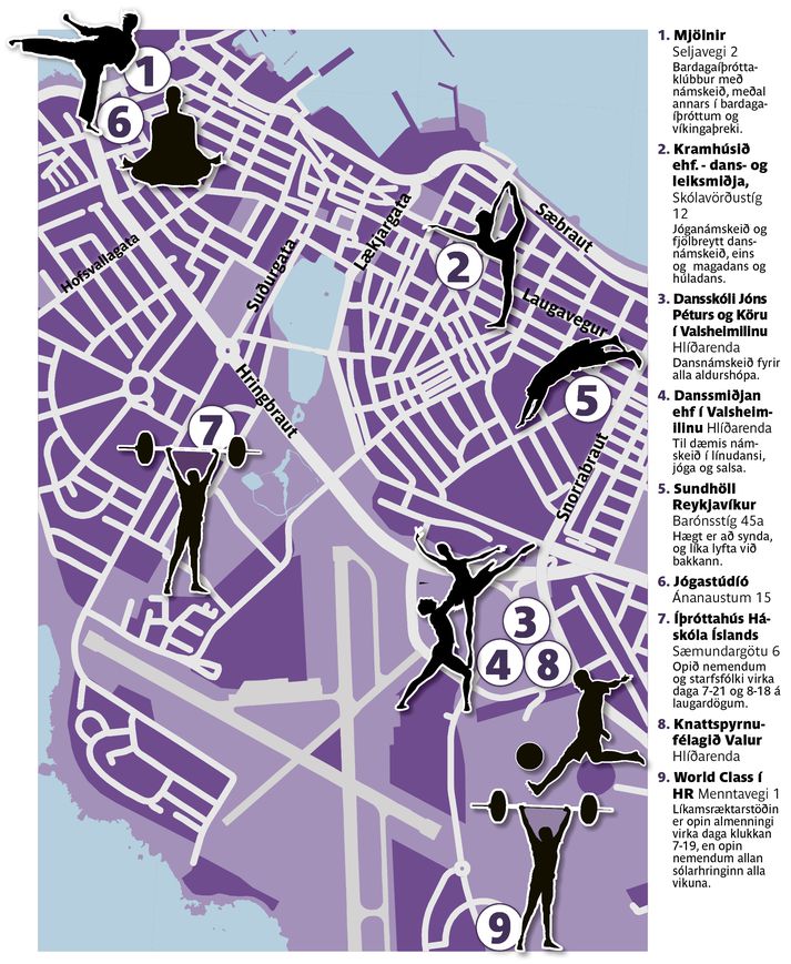Kort af líkamsræktarstöðvum í 101.
