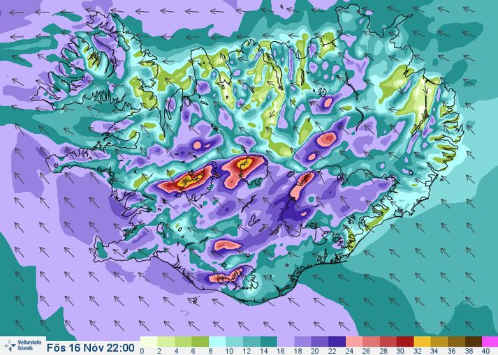 Vindaspá Veðurstofu Íslands fyrir klukkan 22 í kvöld.