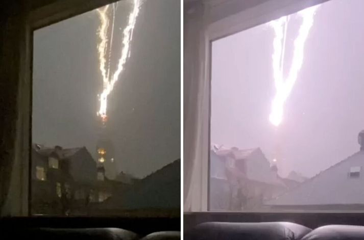 Eldingu laust niður í Hallgrímskirkjuturn í eldingarveðri fyrir um ári síðan. 