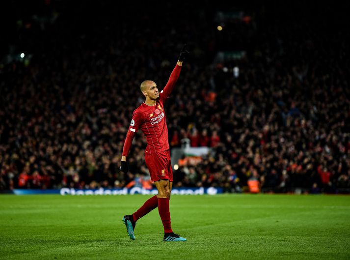 Fabinho glaður í bragði í gær.