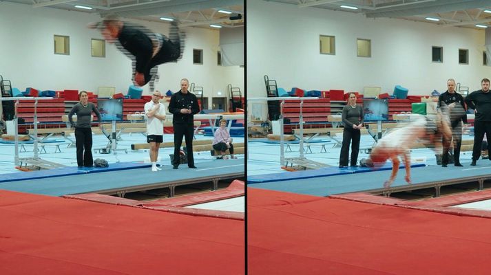 Tommi Steindórs og Nablinn fóru á kostum á trampólíninu en undirstrikuðu kannski um leið hve meðalmaðurinn er langt á eftir fimleikafólki á trampólíninu.