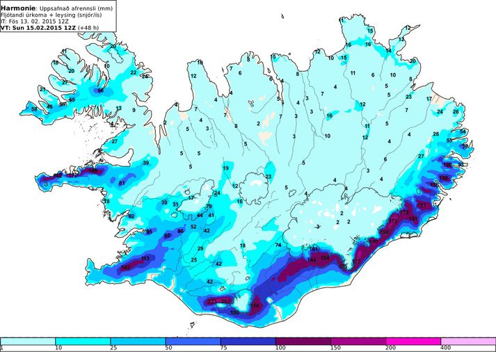Uppsafnað afrennsli (úrkoma og leysingarvatn) í millimetrum frá 13:00 föstudag 13. feb til hádegis sunnudag 15. feb.