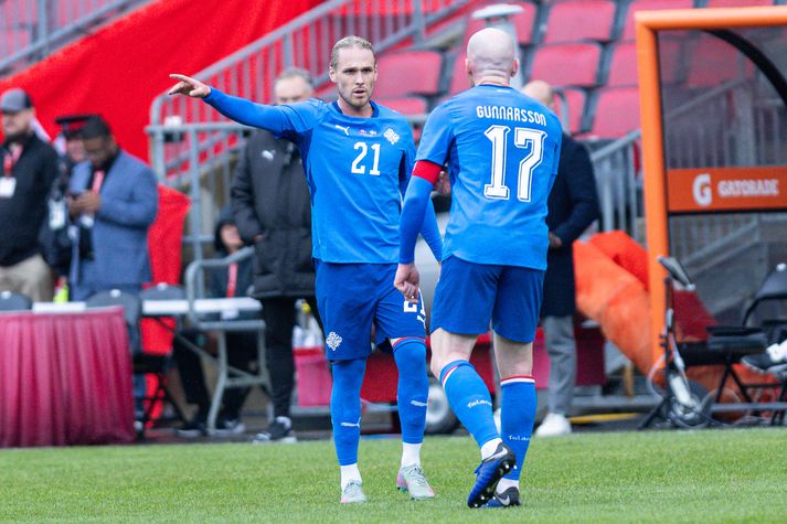 Arnór Sigurðsson í leik með íslenska landsliðinu á móti Haíti í mars.