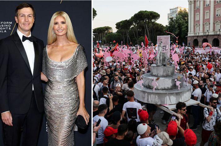 Til vinstri eru hjónin Jared Kushner og Ivanka Trump. Til hægri má sjá mótmælendur í Tirana bera steypukökuna frægu og flamingóa.