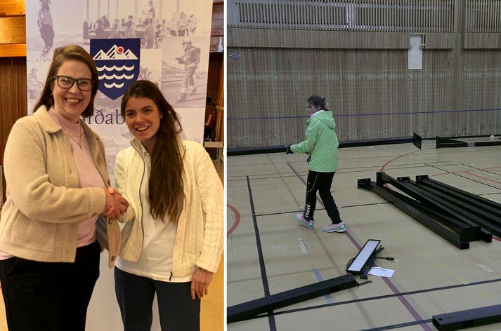 Helga Rún Jóhannsdóttir, eigandi Padel Palma, og Jóna Árný Þórðardóttir, bæjarstjóri Fjarðabyggðar, eftir að samkomulag var gert um notkun íþróttahússins. Helga stóð óvænt ein í upphafi og þurfti að kalla til ættingja og alla smiði sem hún þekkti.