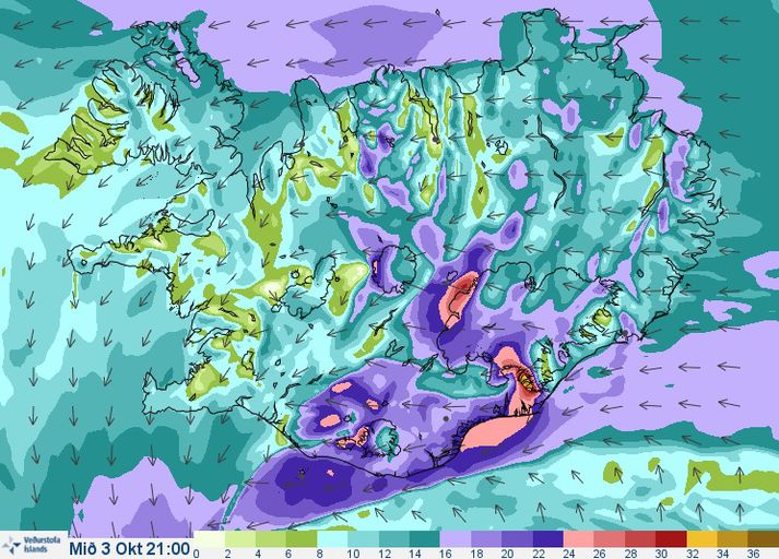 Eins og sést á þessari vindaspá Veðurstofunnar verður ansi hvasst sunnan- og suðaustanlands í kvöld.