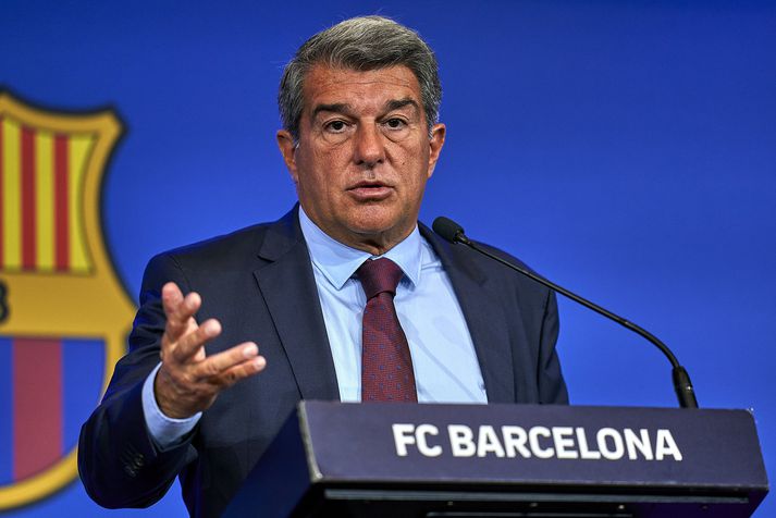 Joan Laporta, forseti Barcelona, á blaðamannafundi í dag.