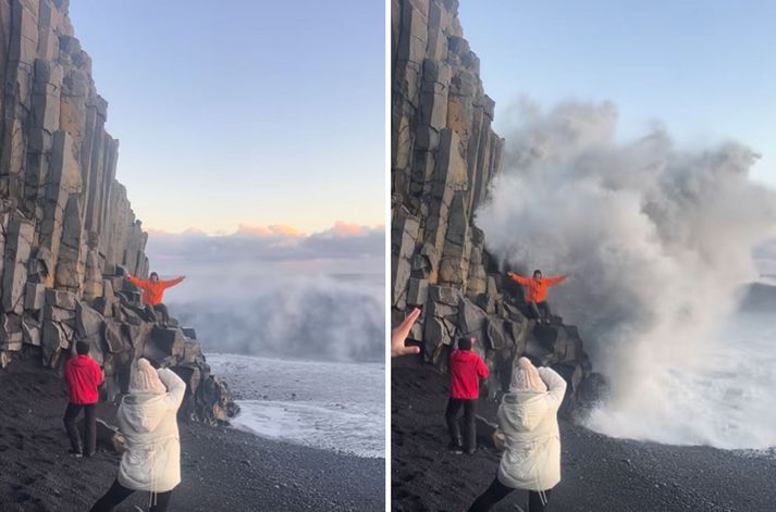 Á augnabliki skapaðist stórhætta í Reynisfjöru.