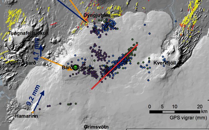 Kort frá Jarðvísindastofnun Háskóla Íslands. Rauða línan táknar 25 kílómetra langan berggang sem talinn er vera að myndast undir jöklinum.