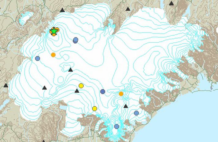 Bárðarbunga er í Vatnajökli, þar sem stjarnan er merkt inn á kortið.