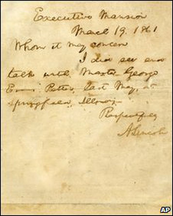 Bréfið sem Lincoln skrifaði gegn einelti árið 1861.