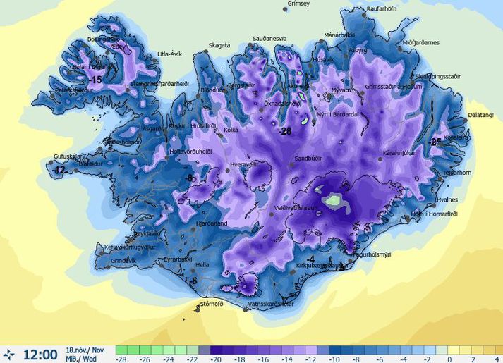 Það verður ansi kalt á landinu á morgun eins og þetta hitaspákort Veðurstofunnar sýnir. Þá er líka spáð frosti víðast hvar í dag.