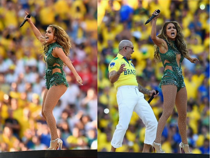 J-Lo var í miklu stuði í grænum samfesting á opnunarhátíð HM í Brasilíu.