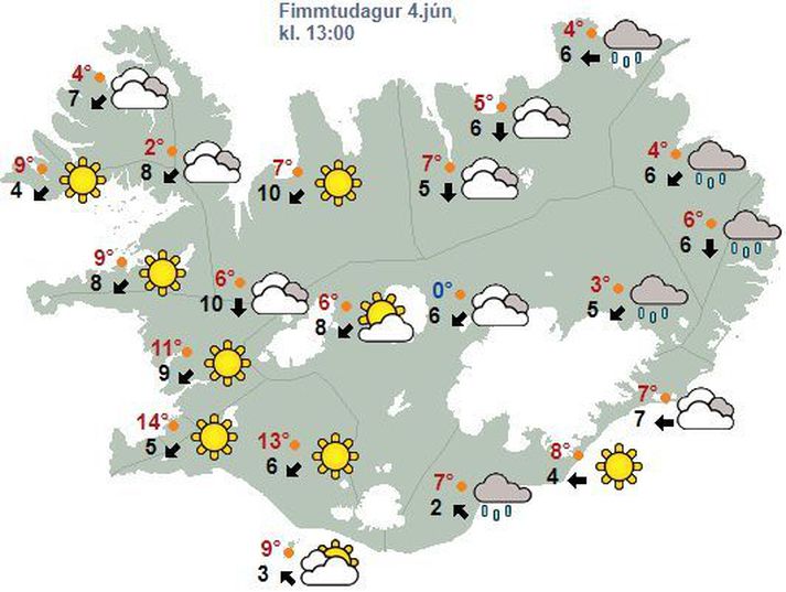 Veðurspáin fyrir Ísland klukkan 14 í dga.