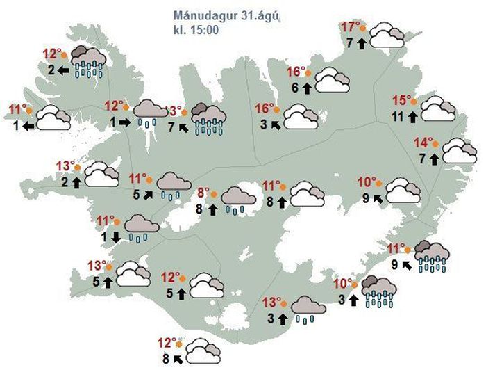 Spákort Veðurstofu Íslands eins og það lítur út fyrir klukkan 15 í dag.