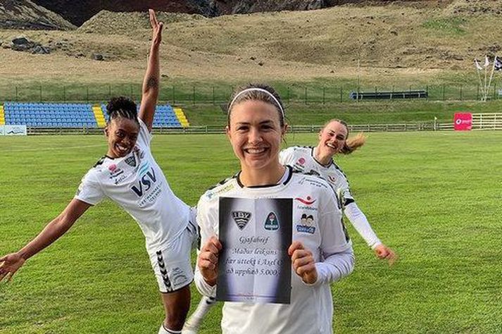 Delaney Baie Pridham, sem er kölluð DB, var valin besti maður vallarins af ÍBV en hún skoraði tvö fyrstu mörk Eyjaliðsins í leiknum.