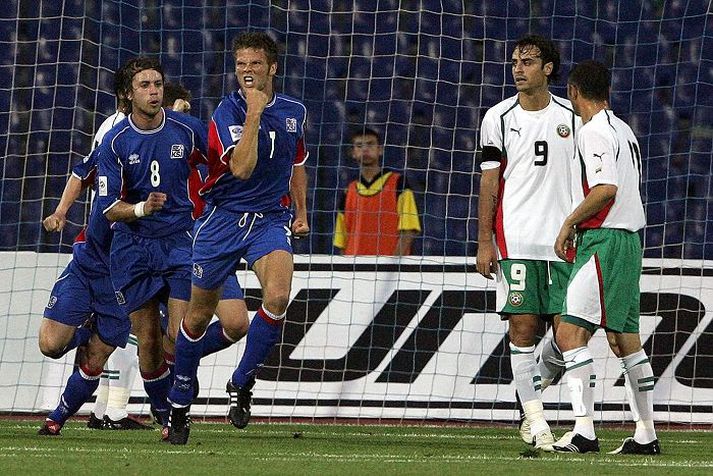 Hermann Hreiðarsson skoraði síðasta mark Íslands í alvörulandsleik á Balkanskaganum. Hér fagnar hann á móti Búlgaríu.