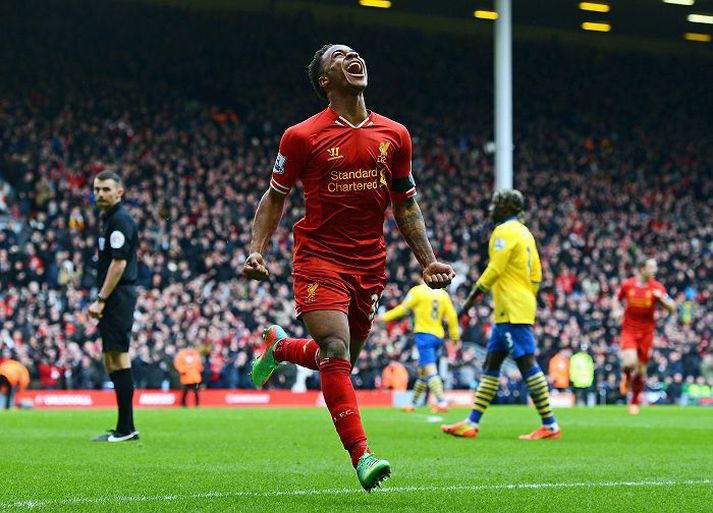 Raheem Sterling minnti hressilega á sig í vikunni, en hér fagnar hann marki sínu gegn Arsenal í stórsigrinum í febrúar.