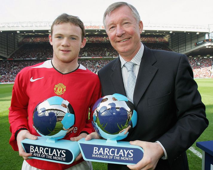 Wayne Rooney og Sir Alex Ferguson á góðri stundu. Saman unnu þeir fjöldann alla af titlum hjá Manchester United.