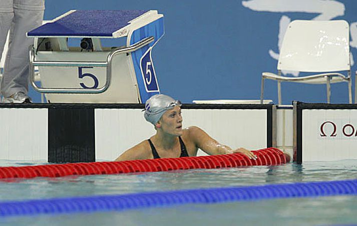 Erla Dögg Haraldsdóttir eftir 100 metra bringusundið.