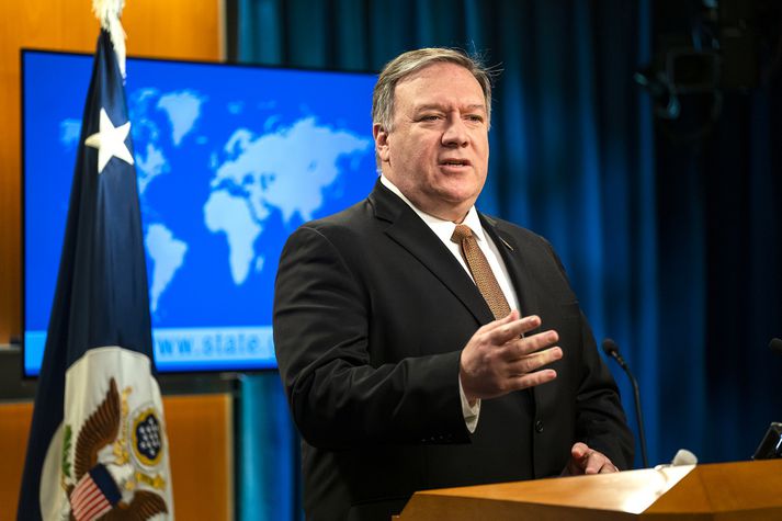 Mike Pompeo, utanríkisráðherra Bandaríkjanna, þegar hann tilkynnti um aðgerðirnar í dag.