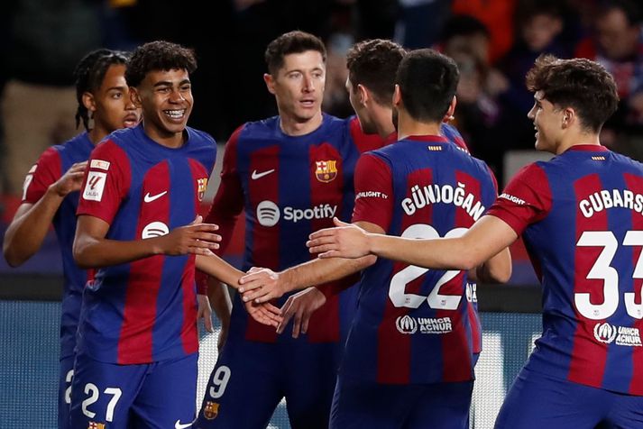 LaLiga - FC Barcelona vs Granada epa11146099 FC Barcelona's Lamine Yamal (L) celebrates after scoring the 1-0 lead during a Spanish LaLiga EA Sports soccer match between FC Barcelona and Granada at Lluis Companys stadium in Barcelona, Spain, 11 February 2024.  EPA-EFE/Andreu Dalmau