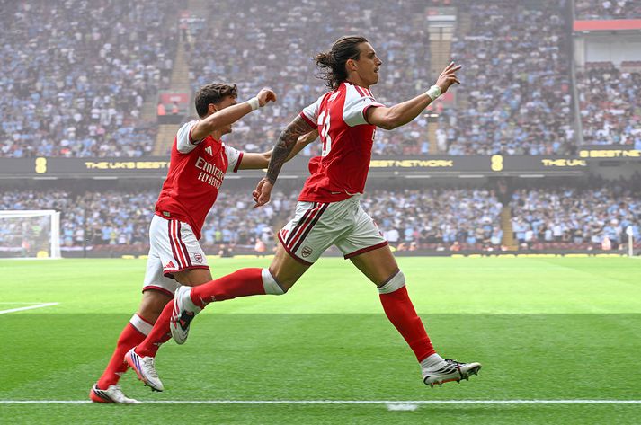 Riccardo Calafiori  skoraði fyrir Arsenal gegn City um helgina. 