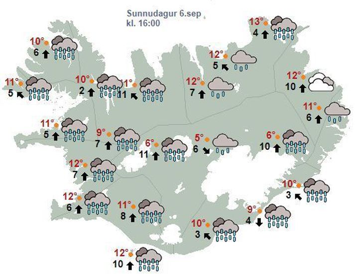 Svona lítur spákortið úr fyrir klukkan 16 i dag. Rigning verður víðast hvar, með talsverðri rigningu sunnan- og vestantil eftir hádegi, en þurrt norðaustast á landinu fram á kvöld.