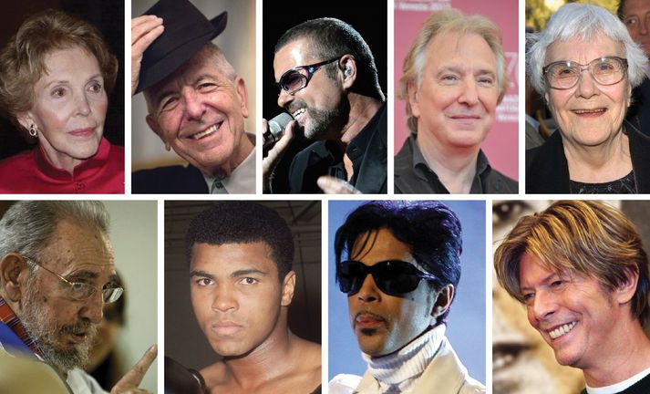 Nancy Reagan, Leonard Cohen, Zaha Hadid, Alan Rickman, Harper Lee, Fídel Castro, Muhammad Ali, Prince og David Bowie féllu öll frá á árinu.