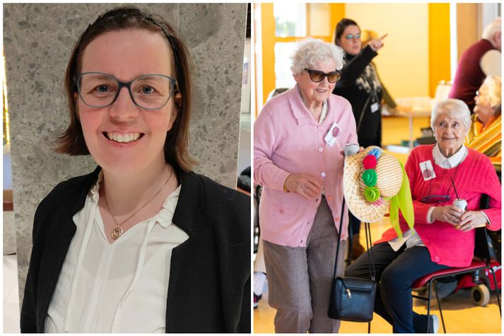 Bjarney Gunnarsdóttir og mynd úr safni af íbúum Hrafnistu að gera sér glaðan dag árið 2020. 