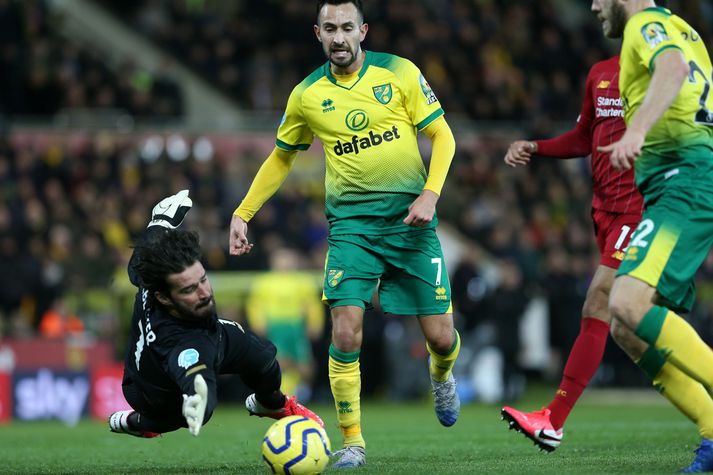 Alisson í leiknum gegn Norwich í gær.