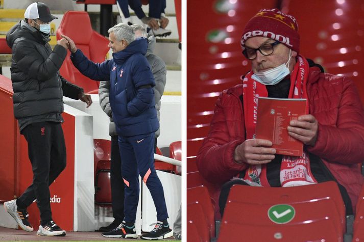 Jürgen Klopp heilsar Jose Mourinho fyrir leikinn í gær en til hliðar er stuðningsmaður Liverpool.