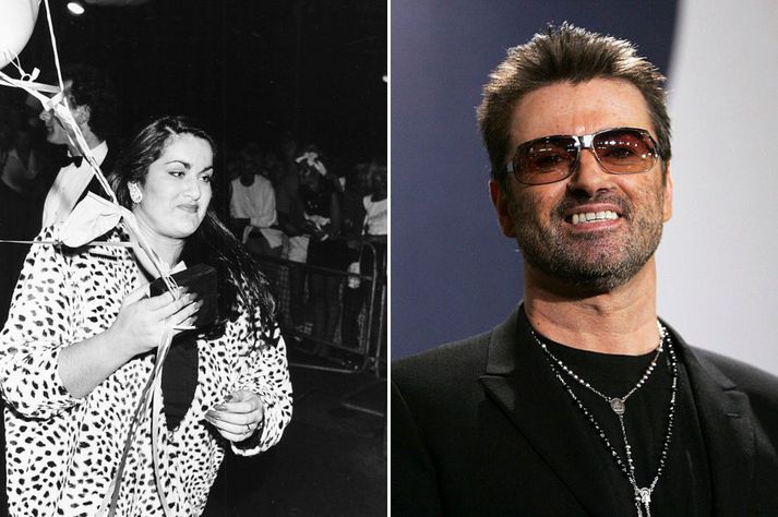 Melanie Panayiotou í teiti árið 1986 er hér til vinstri og George Michael sést hér til hægri.