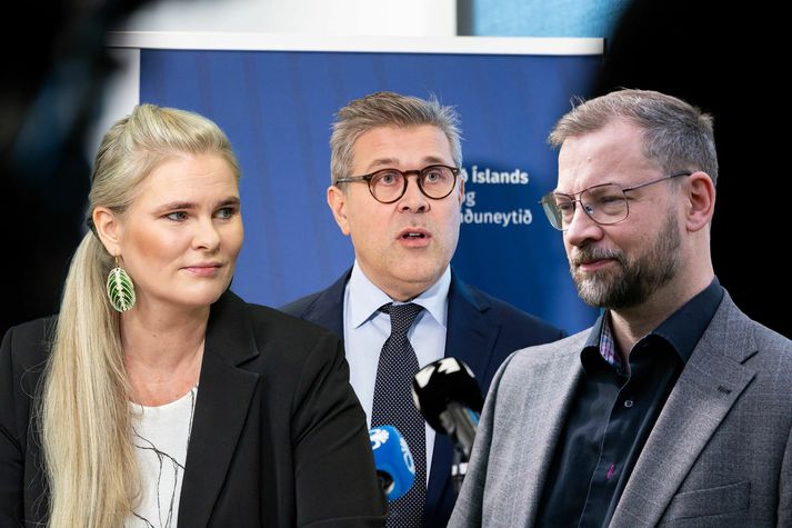 Björn Leví ásamt leiðtogum Sjálfstæðisflokksins, þeim Hildi Sverrisdóttur þingflokksformanni og Bjarna Benediktssyni forsætisráðherra og formanni flokksins. Björn Leví segir ýmsilegt líkt í stefnu Sjálfstæðisflokksins og hjá Pírötum. Sjálfstæðisflokkurinn er hins vegar annar í orði en á borði, sá er vandinn.
