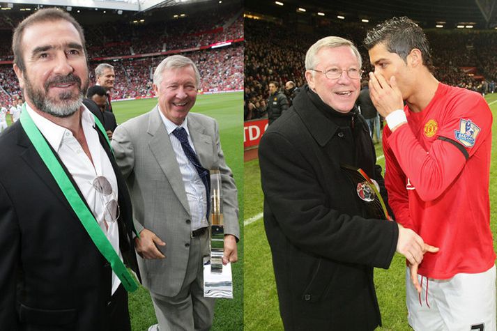 Sir Alex Ferguson með þeim Cristiano Ronaldo og Eric Cantona.