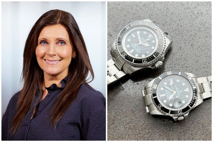 Borghildur Erlingsdóttir, forstjóri Hugverkastofunnar, og tvær eftirlíkingar af Rolex-úrum.