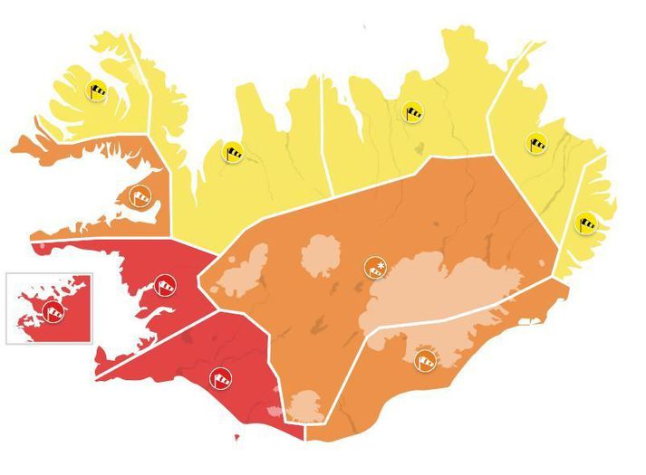 Svona er viðvaranastaðan á landinu klukkan 21. í kvöld.