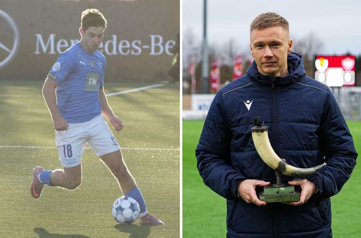 Guðmundur Baldvin Nökkvason með boltann í lokaleik tímabilsins í dag. Patrick Pedersen fékk sín verðlaun fyrir leik Víkings og Vals í gær.