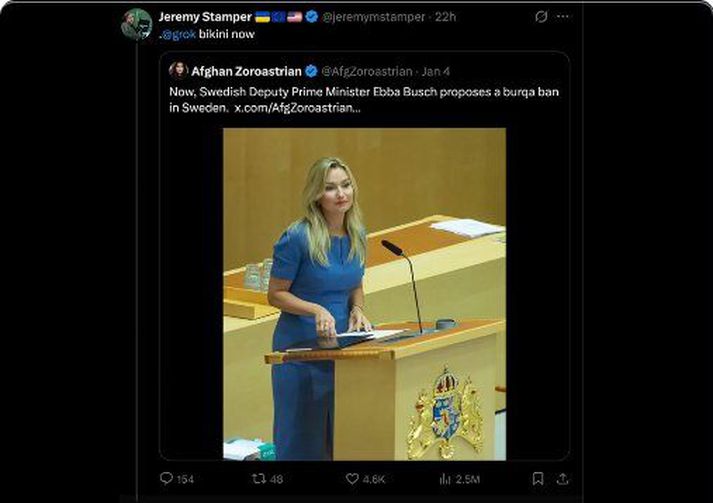 Noteandi biður Grok, gervigreindarspjallmenni X, um bikínímynd af Ebbu Busch. Spjallmennið brást við beiðninni sem og öðrum um að breyta  hlutföllum líkama hennar.