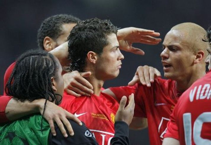 Ronaldo fagnar marki sínu í úrslitaleik Meistaradeildarinnar ásamt félögum sínum.