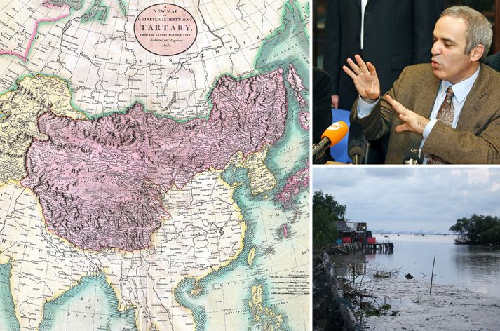 Aldagamalt kort af Tartaríu, mynd af leðjuflóði og skákmeistarinn Kasparov sem trúði á kenninguna um Tartaríu.