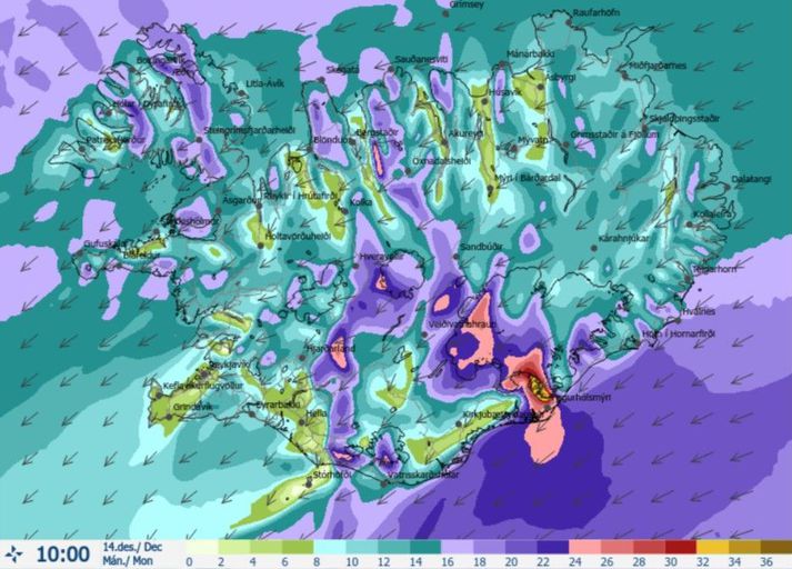 Vindaspá Veðurstofunnar kl. 10 í fyrramálið.