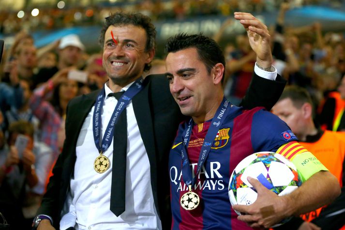 Luis Enrique og Xavi Hernandez unnu þrennuna saman með Barcelona vorið 2015. Í kvöld mætast þeir sem þjálfarar.
